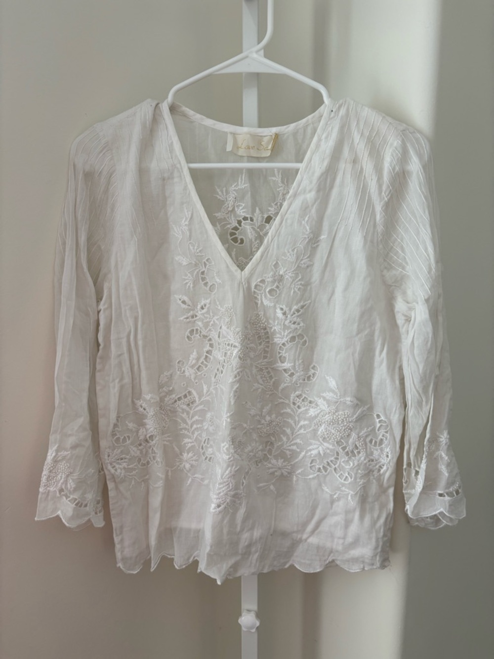Love Sam White Embroidered Cotton Blouse Boho Floral V Neck Small